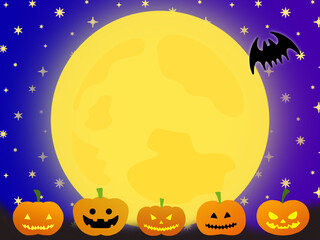 ハロウィンの背景　大きな満月にかぼちゃが並んでいるイラスト