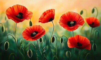 Obraz premium Flames of Nature in Bloom Poppies Glowing in Golden Light Delicate Petals, Bold Presence A Symphony of Scarlet and Sun