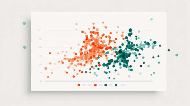 scatter plot chart displays two clusters of data points in red and green, illustrating distinct group distributions with a horizontal axis and percentage-based vertical axis.