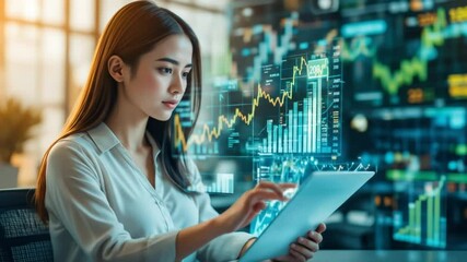 Asian woman analyzing stock market data on a tablet with holographic display in office - Powered by Adobe