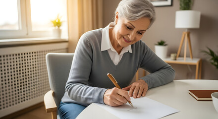 Senior Woman Writing at Home, Smiling Face