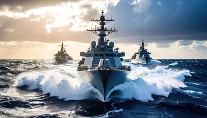 Military ships in a powerful sea battle