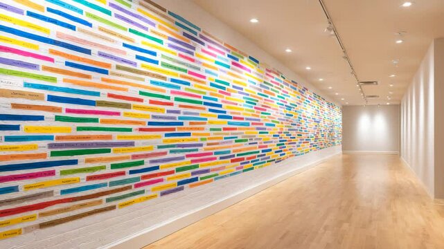 A Symphony of Color: A contemporary art gallery with a striking wall mural composed of vibrant, overlapping color stripes. Clean lines, warm lighting.
