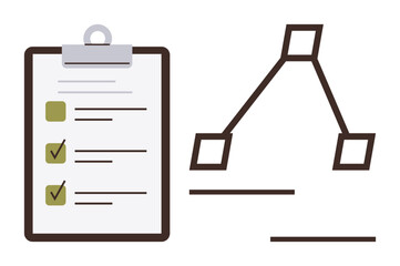 Clipboard with marked checklist items alongside a simple decision tree diagram. Ideal for planning, task management, workflow organization, decision-making, analysis, project management, education