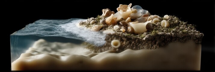 Cross section of beach layers highlighting plastic pollution