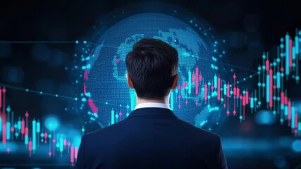 Investor looking at global stock trends, digital map background, blue tones - Powered by Adobe