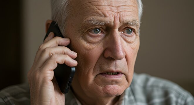 Senior man listens with a concerned expression while talking on his mobile phone inside a quiet room, reflecting a moment of personal worry.