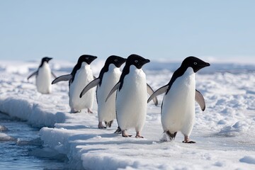 Obraz premium A family of penguins waddling across an icy landscape their black-and-white feathers standing out against the snow and ice