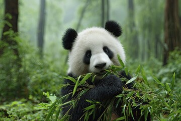 Obraz premium A giant panda munching on bamboo in a lush green forest its fluffy fur highlighted by the soft light