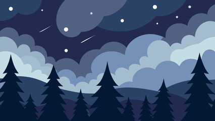 Serene Night Sky Starry Landscape with Silhouetted Pine Trees