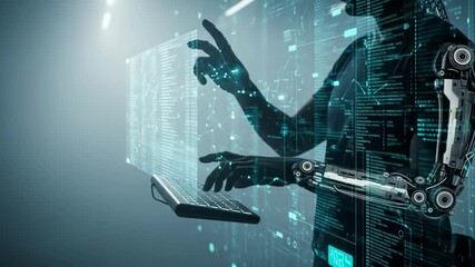 Futuristic humanoid robot interacting with a holographic display while holding a laptop in a tech environment - Powered by Adobe