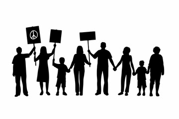 Silhouette of a diverse group of people holding hands and signs in a demonstration for peace and unity
