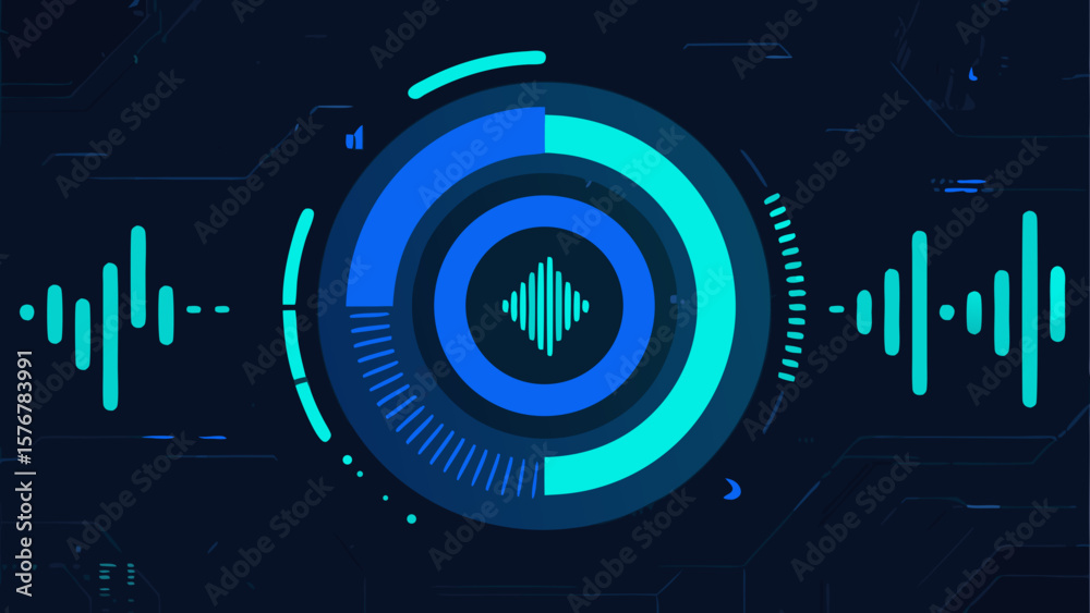 Poster futuristic digital audio visualization interface with sound wave signals and circles design