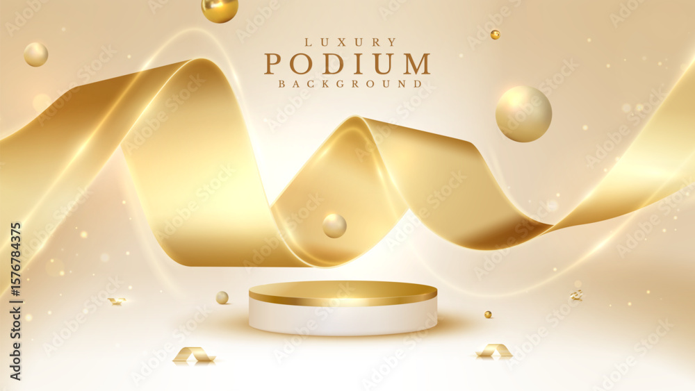Poster empty elegant podium golden on cream color background with light neon effects and glow bokeh with go
