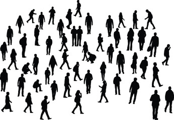 Crowd of people silhouettes walking, standing, sitting in public space, black human figures isolated on white background for urban scene concept