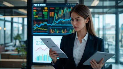 Financial Analyst Reviewing Stock Market Data with Tablets in a Modern Office Space - Powered by Adobe