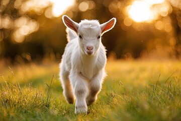 Fototapeta premium A joyful baby goat races across a meadow its bright eyes reflecting the warmth of the sun The field