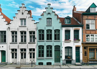 Fototapeta premium Charming old townhouse exterior with white brick, blue windows, and teal doors