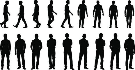 Silhouettes of a man walking and standing in casual posture, side view and front view poses, isolated black shadow figure collection
