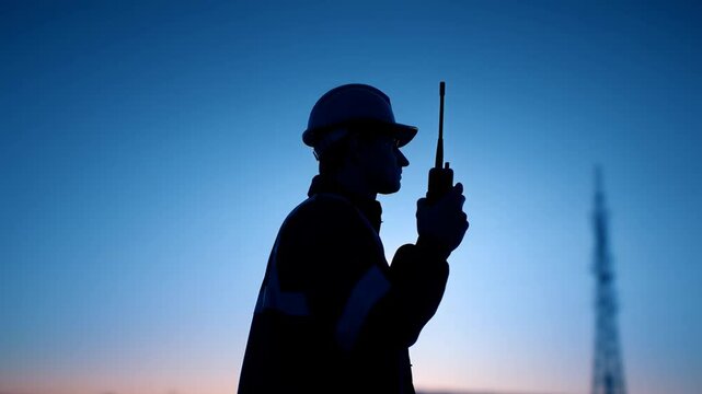 Employee safety training with worker silhouette wearing helmet using walkie talkie for communication during sunset industrial site with clear sky