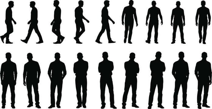 Silhouettes of a man walking and standing in casual posture, side view and front view poses, isolated black shadow figure collection