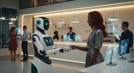 Fototapeta premium AI Robot Serving Coffee in Futuristic Cafe
