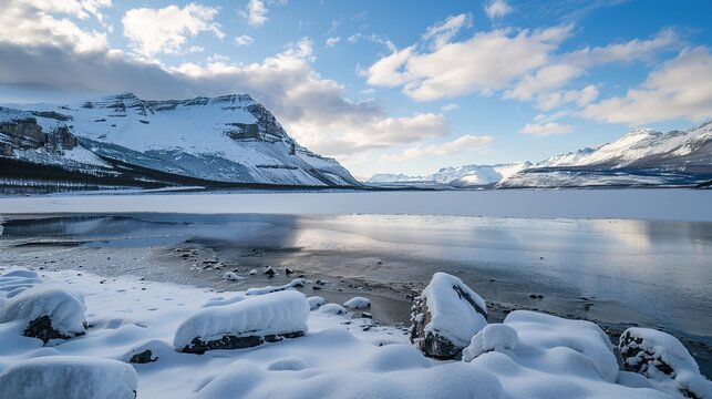 A serene winter lake lies in the midst of snow - covered mountains, with its shoreline frozen. The still water of the lake reflects the majestic peaks, and the white snow adds a touch of purity and tr