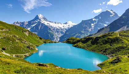 Majestic alpine lake nestled amongst snow-capped peaks