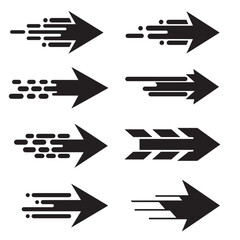Set of vector arrows with speed effects showing direction and movement on white background