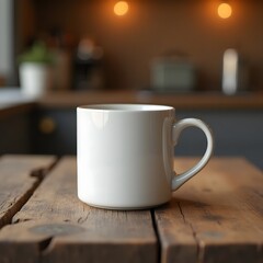 White Mug Mockup on Rustic Wooden Table