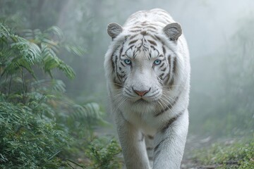 Naklejka premium A majestic white tiger with intense blue eyes walking a misty jungle its fur glistening as the early morning