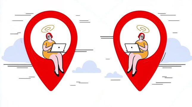 Two women with laptops are sitting inside large red map location pins, suggesting remote work or digital connectivity.