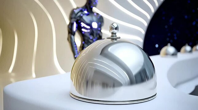 A futuristic restaurant scene with a shiny metal cloche in focus and a humanoid robot blurred in the background.