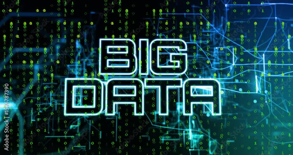 Poster cascading binary digits sparking weaving circuitry flickering big data letters showing processing