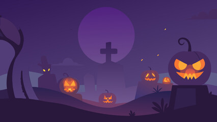 Fototapeta premium Spooky Halloween night background with haunted house, flying bats, and scary pumpkin silhouettes under a full moon