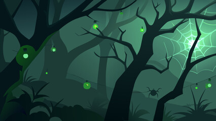 Spooky Halloween night landscape illustration with bats, a gnarled tree silhouette, and a glowing moon in the sky
