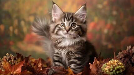 Adorable kitten surrounded by autumnal foliage.