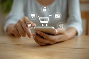 Woman uses smartphone with e-commerce icons overlay