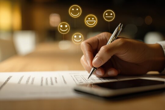 Hand filling out a feedback form with smiley faces overlay - Powered by Adobe