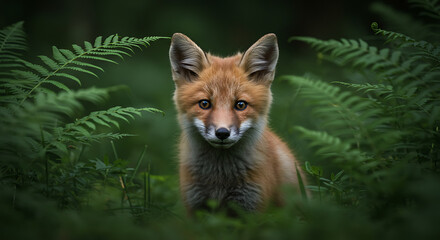 Fototapeta premium Fox Cub Peeking Through Ferns in Soft Forest Light