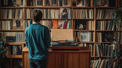 Man Listening to Vinyl Records in a Library