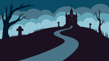 Spooky Halloween Night Winding Road to Haunted Church