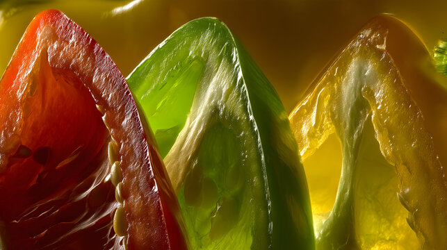 Close-up three vibrant bell pepper slices, red, green, yellow, arranged a triangular pattern, showcasing their translucent textures inner details.