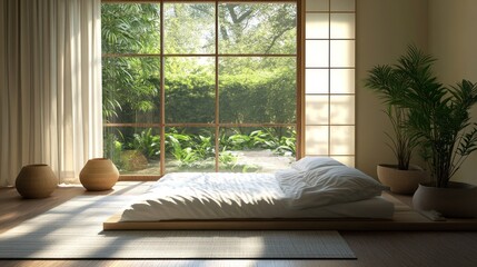 Serene Minimalist Bedroom Design with Lush Garden View
