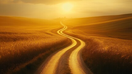 Golden Hour Countryside Path: A Winding Road Through Sunlit Fields