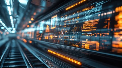 Futuristic Train Tunnel with Digital Displays