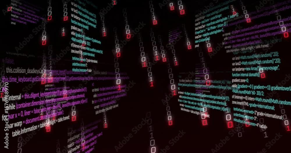 Aufkleber opening code panel, panels emerging around void and binary digits cascading, forming data tunnel