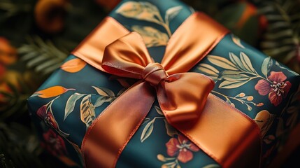 A Beautifully Wrapped Gift with a Copper Ribbon and Floral Design