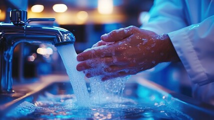 Hands Washing Under Blue Light, Hygiene and Cleanliness, Water Flowing, Soap Suds