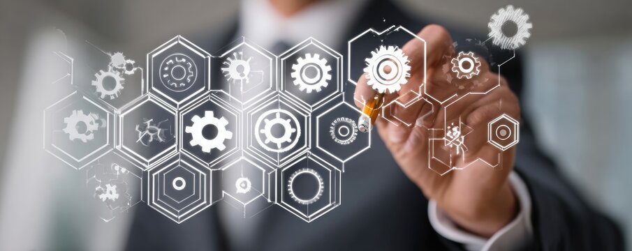Businessman interacting with a digital interface displaying complex gear and mechanical icons
